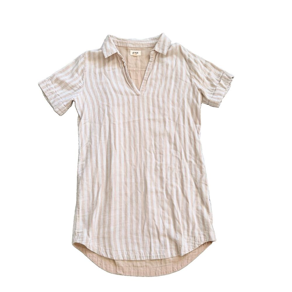 Pact Tan White Striped 100% Organic Cotton Double Layer Dress Tunic V-Neck M